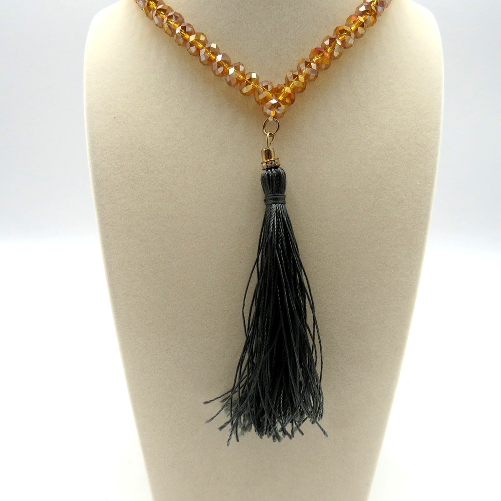 Faceted Amber Gold Crystal Bead Necklace Long Gray Tassel Boho Adjustable Women